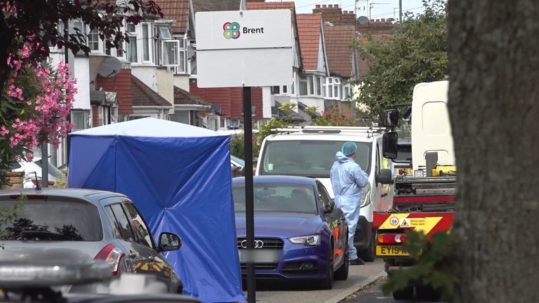 Police erected a blue forensics tent at the scene in Monks Park on Wednesday. Pic: PA