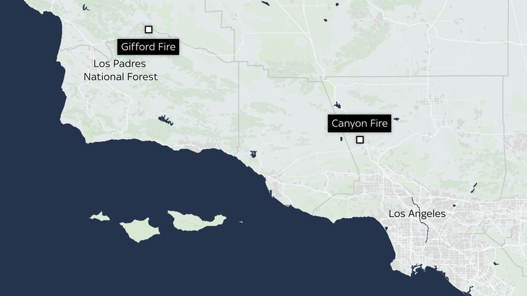 A map shows the two ongoing California wildfires