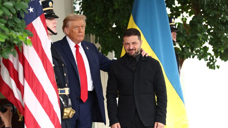 Donald Trump put an arm around Volodymyr Zelenskyy's shoulder during their greeting. Pic: Reuters/Kevin Lamarque