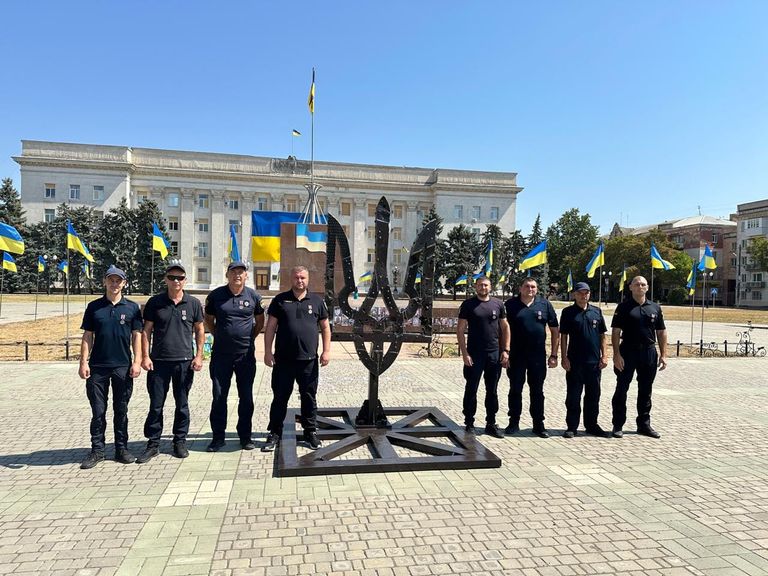 Kurchyk and his team in August 2024 before the Kherson Regional State Administration building was destroyed. Pic: HOKARS 