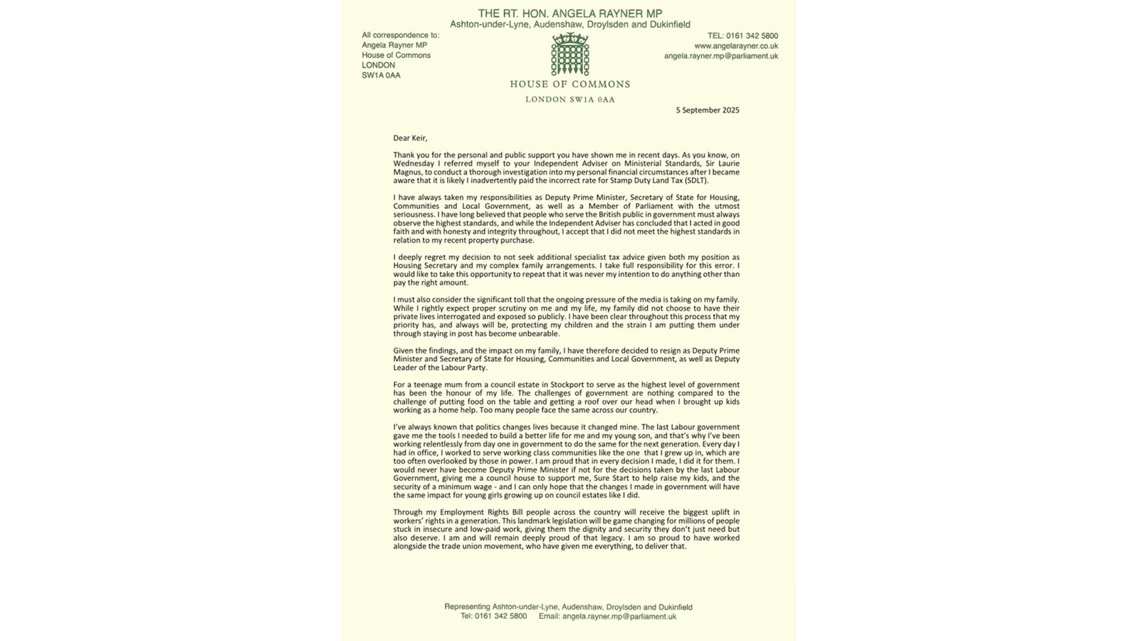 Angela Rayner's resignation letter in full - and Sir Keir Starmer's response