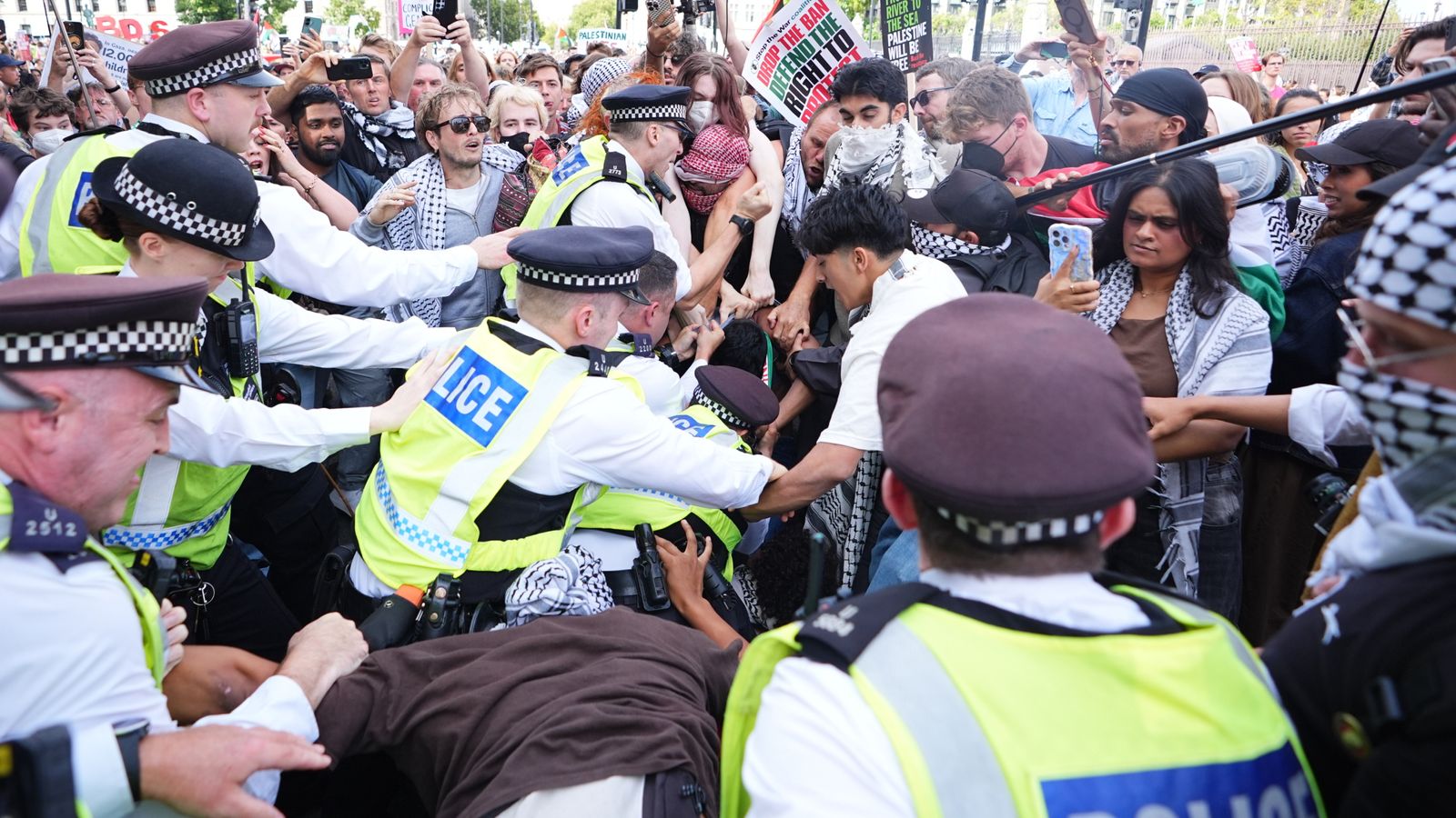 Clashes break out at Palestine Action protest - as police make around 150 arrests