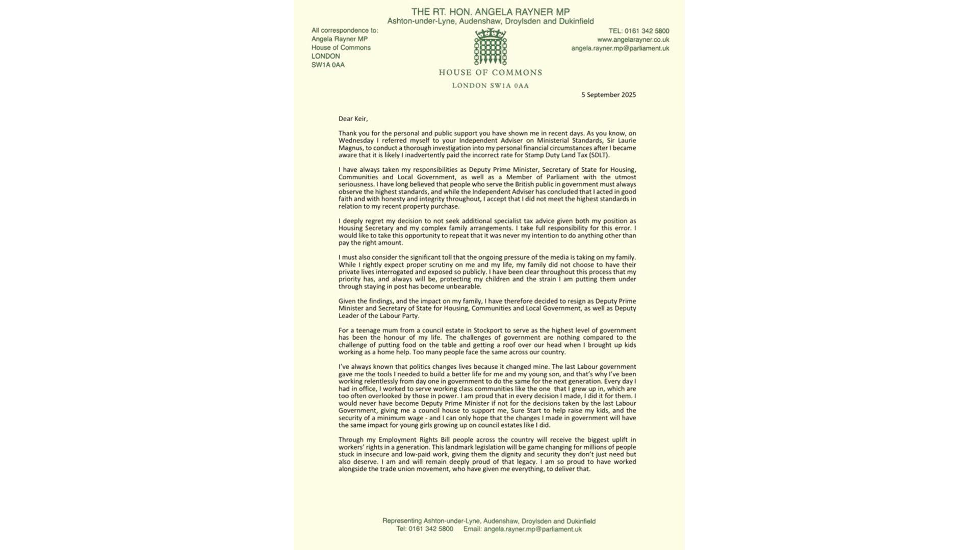 In full: Angela Rayner's resignation letter - and Sir Keir Starmer's response