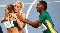 Gold medallist Caster Semenya, with Lynsey Sharp and Melissa Bishop at the women's 800m final at the 2016 Rio Olympics