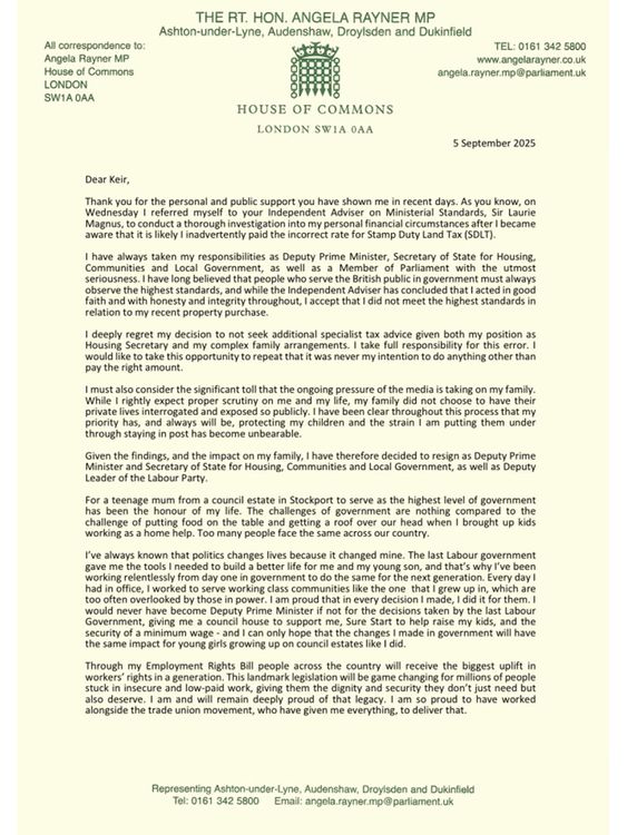 Angela Rayner's letter of resignation 
