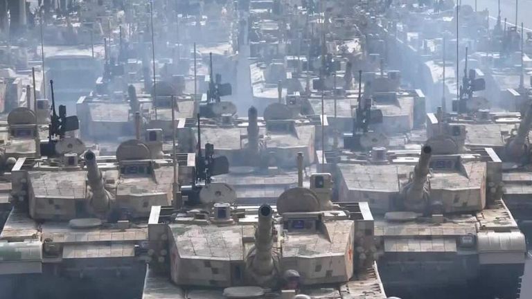 Tanks line up during a military parade in China