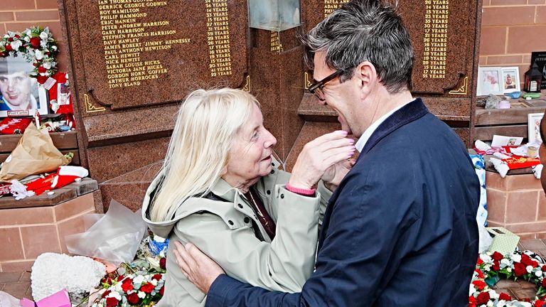 Andy Burnham with Hillsborough campaigner Margaret Aspinall. Pic: PA 