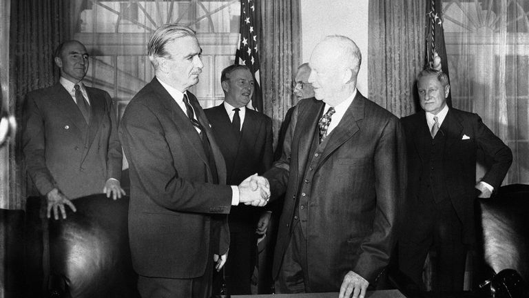 Eden and Eisenhower shake hands at the conclusion of their three-day conference in 1956. Pic: AP