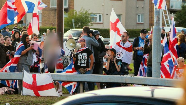 Anti-migrant protesters outside the Britannia Hotel housing asylum seekers in Leeds