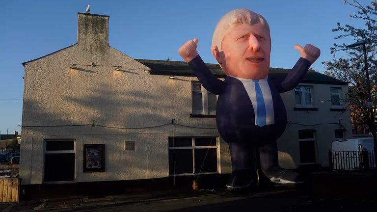 Members of Hartlepool’s business community erected a 30-foot inflatable model of Boris Johnson outside the count in 2021. Pic: PA.