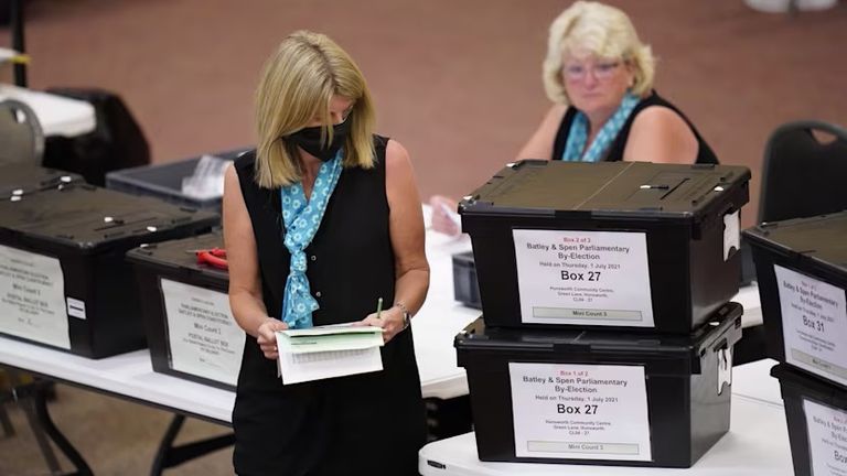 Votes being counted at the Batley and Spen by-election in 2021. Pic: PA