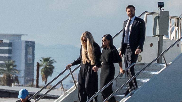Vice president JD Vance, his wife Usha, and Erika Kirk exit Air Force Two together. Pic: Reuters 
