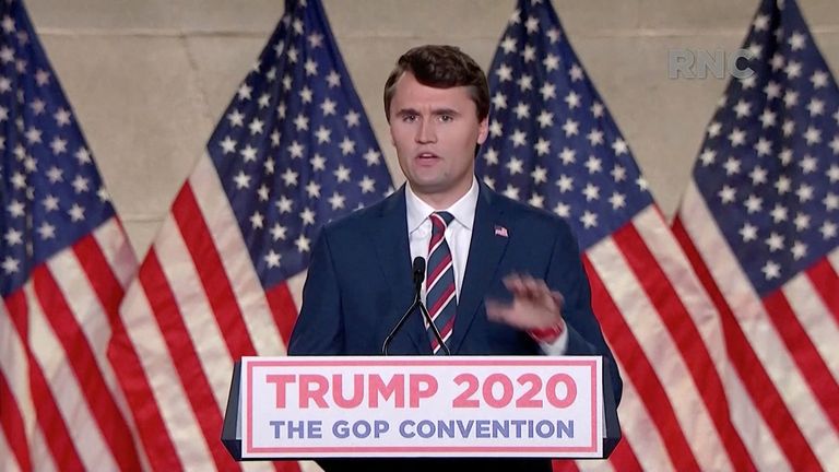 Charlie Kirk addresses the Republican National Convention via videolink in 2020. Pic: Reuters