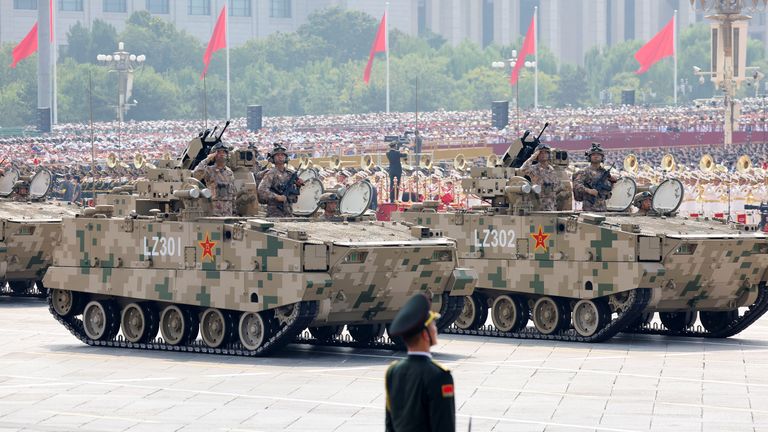Hardware including tanks and fighter jets were on show. Pic: Reuters