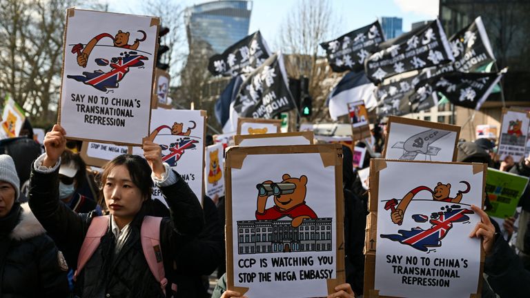Protesters outside the proposed super embassy in March 2025. Pic: Reuters