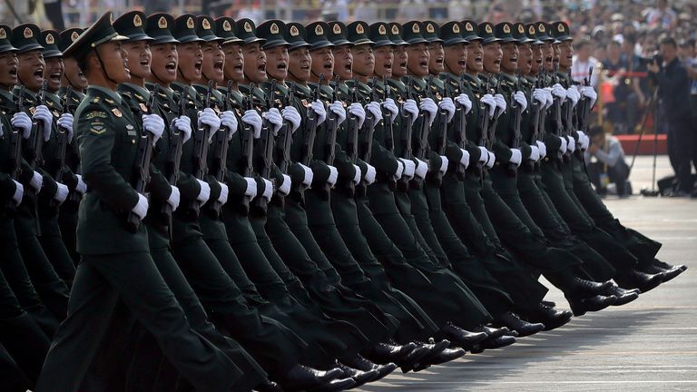 Chinese soldiers march in formation during 2019 event. Pic: AP