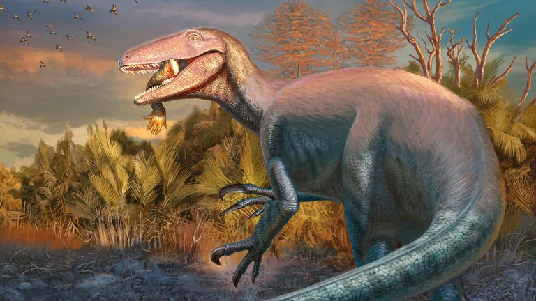Ilustração artística do dinossauro recém-descoberto. Foto: Andrew McAfee, Museu Carnegie de História Natural via AP