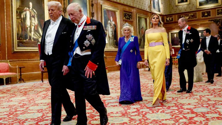Donald Trump and the King heading into the state banquet, followed by the Queen, Melania Trump and the Prince of Wales. Pic: Reuters