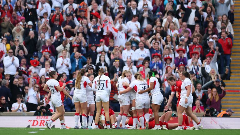England's Alex Matthews celebrates scoring a try in the Womens Rugby World Cup final. Pic: Reuters