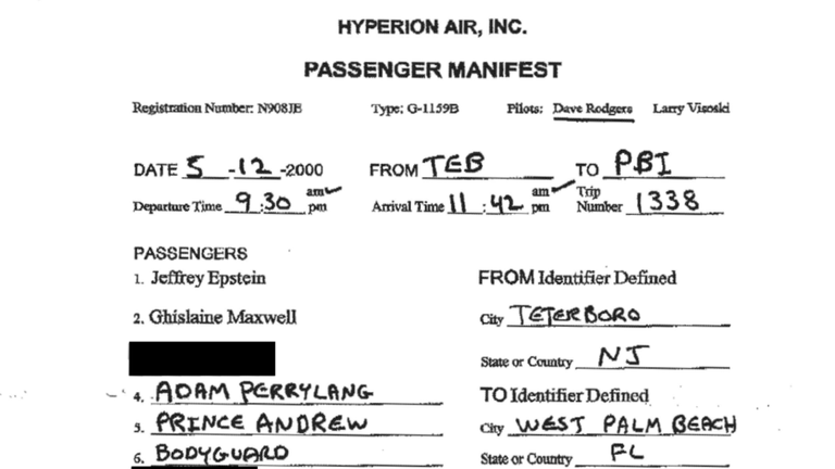 A passenger manifest for a flight involving Jeffrey Epstein and Maxwell, and Prince Andrew. Pic: Oversight Dems
