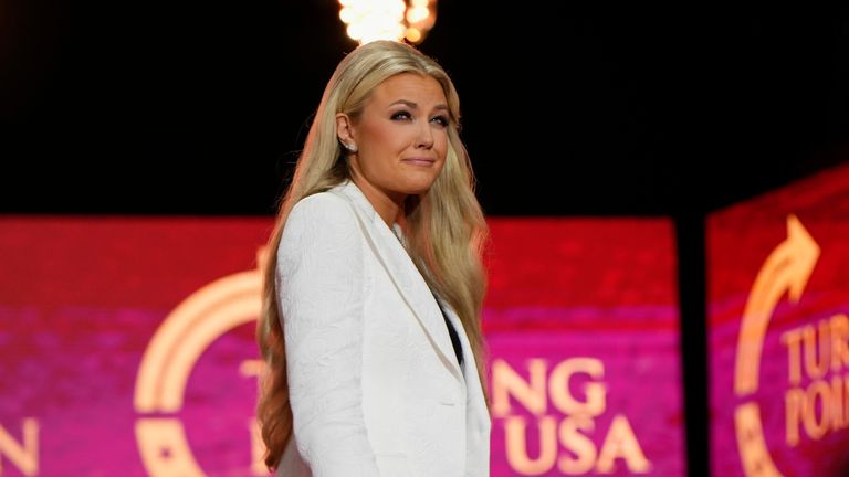 Erika Kirk at her husband's memorial service on 21 September. Pic: AP
