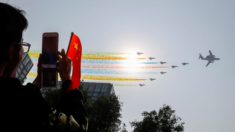 A flyover seen during the 2019 parade to mark communist China's 70th anniversary. Pic: AP
