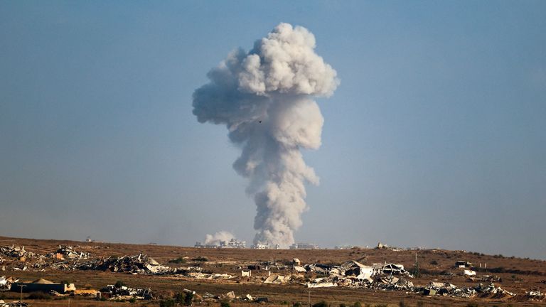 Smoke rises from Gaza after an explosion, as seen from Israel. Pic: Reuters