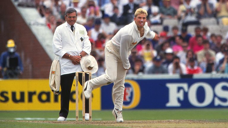 Dickie Bird with Shane Warne. Pic: Colorsport/Shutterstock