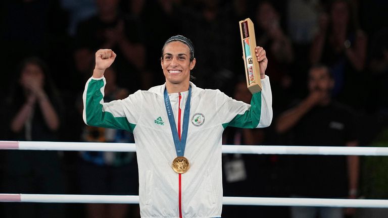 Imane Khelif celebrates winning gold at the Paris Olympics. Pic: AP