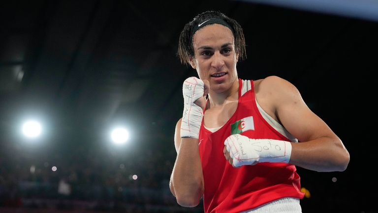 Imane Khelif poses after defeating China's Yang Liu to win gold at the Paris Olympics. Pic: AP