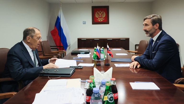 Slovakia's foreign minister Juraj Blanar (R) speaks to Russian counterpart Sergei Lavrov. Pic: AP