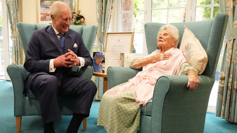 Ethel Caterham and the King at her care home in Surrey. Pic: PA