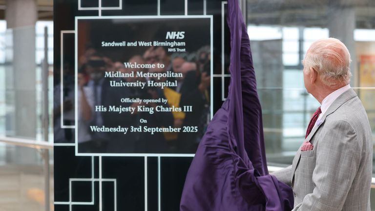 King Charles unveils a plaque as he officially opens the new Midland Metropolitan University Hospital in Birmingham. Pic: PA