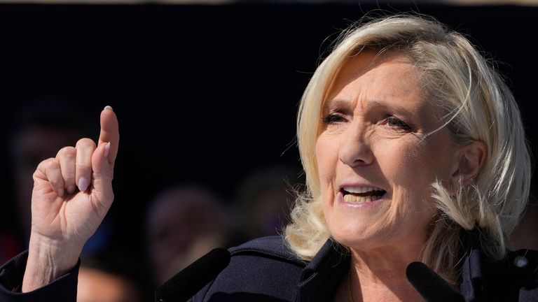 Far-right leader Marine Le Pen speaking at a National Rally event in Paris in April. File pic: AP