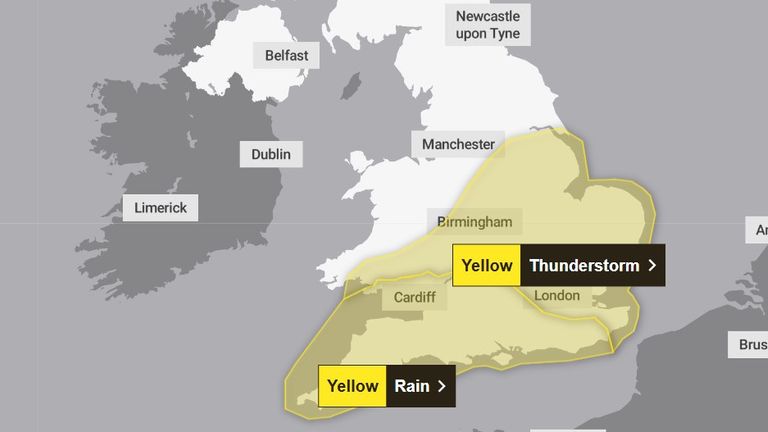 Wednesday's warnings for rain and storms. Pic: Met Office