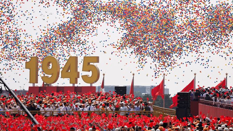 Balloons are released to mark the 80th anniversary of the end of the Second World War. Pic: Reuters