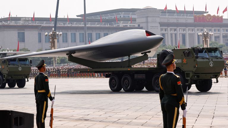 A drone is seen in the parade. Pic: Reuters