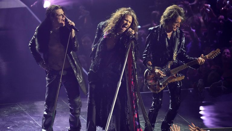 (L-R): Yungblud, Steven Tyler, and Joe Perry perform a tribute to Ozzy Osbourne. Pic: AP