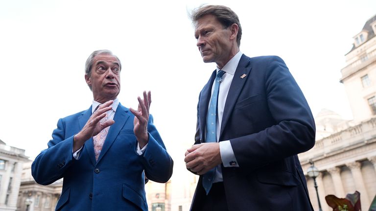 Reform UK leader Nigel Farage (left) and deputy leader Richard Tice speaking to the media outside the Bank Of England in central London. Pic: PA