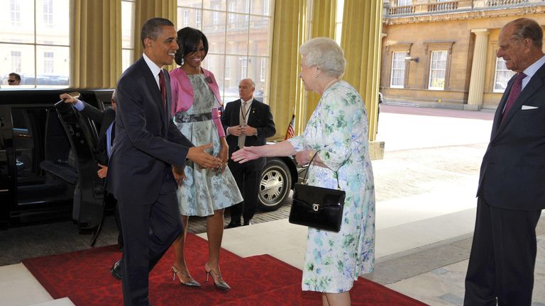 The Obamas meeting the Queen and Duke of Edinburgh during their 2011 state visit. Pic: PA