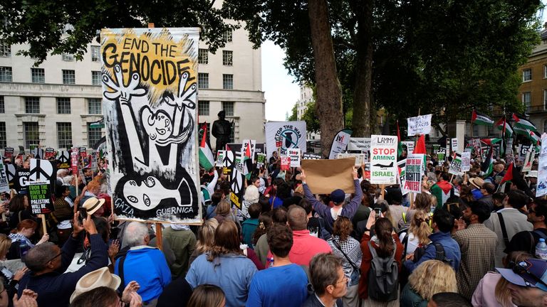 Palestine Solidarity Campaign campaigners protest Israeli President Isaac Herzog's visit to the UK outside Downing Street. Pic: PA