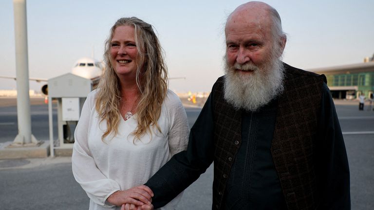 Peter Reynolds arrives in Doha with his daughter Sarah Entwistle following his release. (Picture: Reuters)