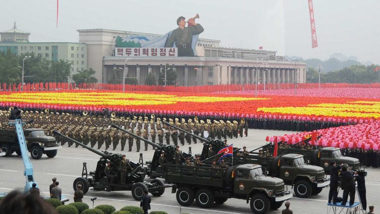 Soldiers showcase weaponry at military parade in Pyongyang in 2011. Pic: Kyodo/AP