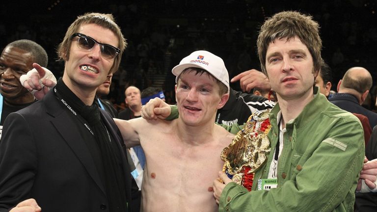 Ricky Hatton is joined by Liam and Noel Gallagher after his 2008 fight against Paulie Malignaggi. Pic: Reuters