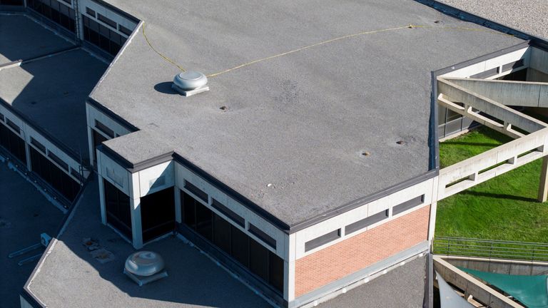 A drone view shows the reported location of the shooter on the rooftop. Pic: Reuters