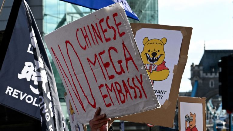 Protests outside the site of the proposed 'super embassy' in London. Pic: Reuters