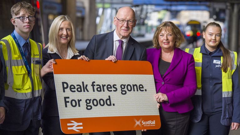 First Minister John Swinney and Transport Secretary Fiona Hyslop (right) with ScotRail's Joanne Maguire (left) and apprentices. Pic: PA