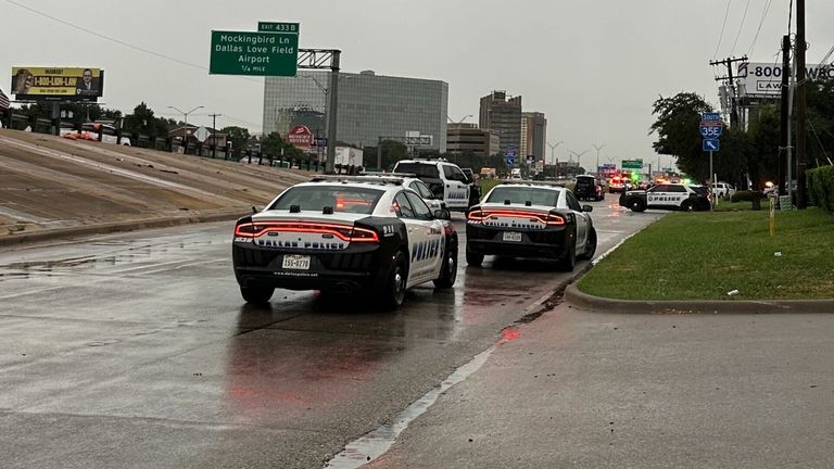 Police near the ICE facility in Dallas. Pic: AP