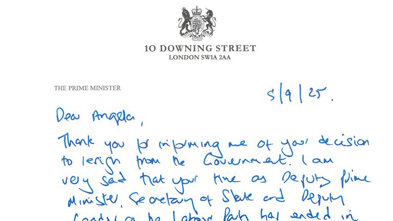 Sir Keir Starmer's handwritten reply to Angela Rayner's resignation