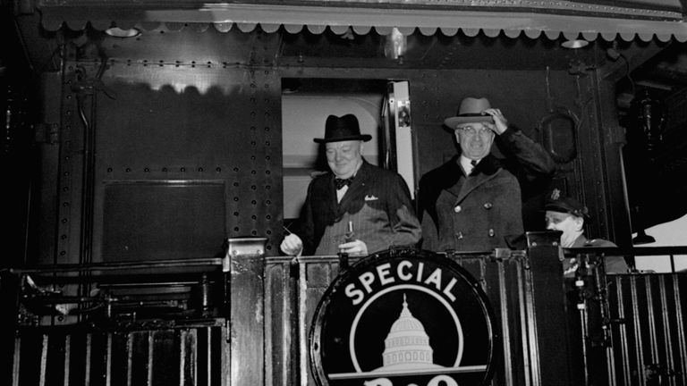 Churchill and Truman catch a train from Washington in 1946. Pic: AP